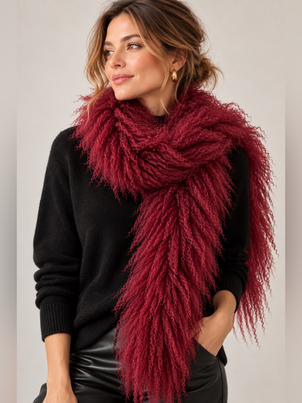 Adrienne Landau Mongolian Lamb Fur Scarf Burgundy 72”